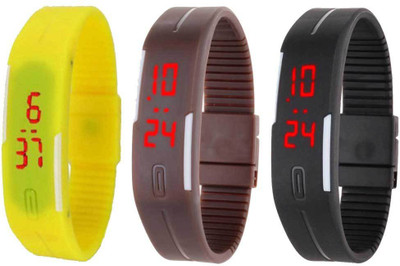 NS18 Silicone Led Magnet Band Combo of 3 Yellow, Brown And Black Watch - For Boys & Girls