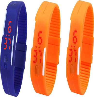 Twok Combo of Led Band Blue + Orange + Orange Watch - For Men & Women