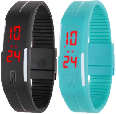 Kissu Led Band Watch Combo of 2 Black And Sky Blue Watch - For Couple