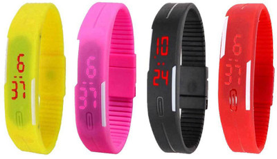 NS18 Silicone Led Magnet Band Watch Combo of 4 Yellow, Pink, Black And Red Watch - For Couple
