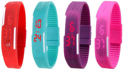 Kissu Led Magnet Band Combo of 4 Red, Sky Blue, Purple And Pink Watch - For Men & Women