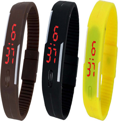 Twok Combo of Led Band Brown + Black + Yellow Watch - For Men & Women