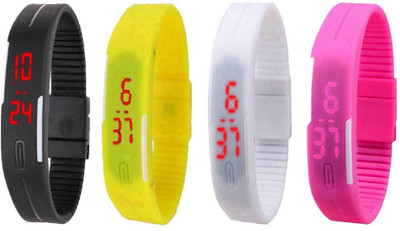 Kissu Led Magnet Band Combo of 4 Black, Yellow, White And Pink Watch - For Men & Women
