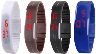 NS18 Silicone Led Magnet Band Combo of 4 White, Brown, Black And Blue Watch - For Boys & Girls