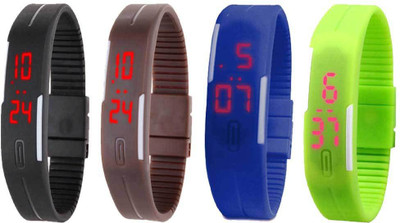 NS18 Silicone Led Magnet Band Combo of 4 Black, Brown, Blue And Green Watch - For Boys & Girls
