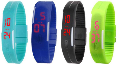 Kissu Led Magnet Band Combo of 4 Sky Blue, Blue, Black And Green Watch - For Men & Women