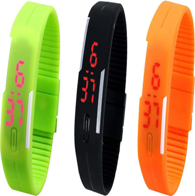 Twok Combo of Led Band Black + Green + Orange Watch - For Men & Women