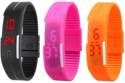 NS18 Silicone Led Magnet Band Combo of 3 Black, Pink And Orange Watch - For Boys & Girls