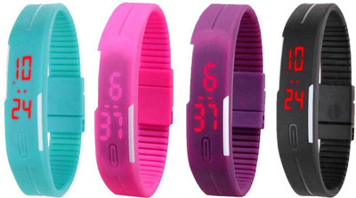 NS18 Silicone Led Magnet Band Combo of 4 Sky Blue, Pink, Purple And Black Watch - For Boys & Girls