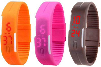 Kissu Led Band Watch Combo of 3 Orange, Pink And Brown Watch - For Couple