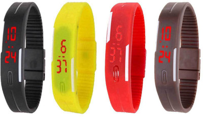 NS18 Silicone Led Magnet Band Combo of 4 Black, Yellow, Red And Brown Watch - For Boys & Girls