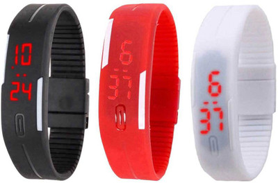 Kissu Led Magnet Band Combo of 3 Black, Red And White Watch - For Men & Women