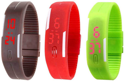 Kissu Led Band Watch Combo of 3 Brown, Red And Green Watch - For Couple