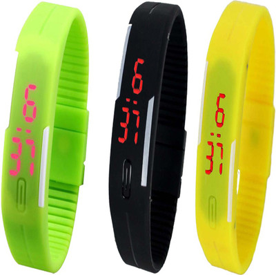 Twok Combo of Led Band Green + Black + Yellow Watch - For Men & Women