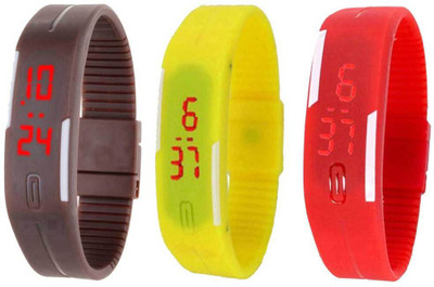 Kissu Led Band Watch Combo of 3 Brown, Yellow And Red Watch - For Couple