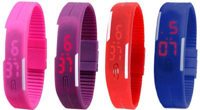 NS18 Silicone Led Magnet Band Combo of 4 Pink, Purple, Red And Blue Watch - For Boys & Girls