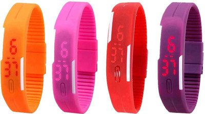 Kissu Led Magnet Band Combo of 4 Orange, Pink, Red And Purple Watch - For Men & Women