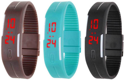 Kissu Led Band Watch Combo of 3 Brown, Sky Blue And Black Watch - For Couple