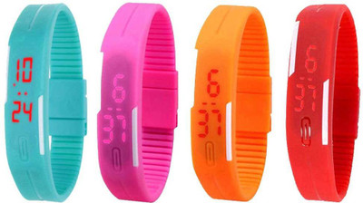 NS18 Silicone Led Magnet Band Watch Combo of 4 Sky Blue, Pink, Orange And Red Watch - For Couple