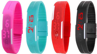 Kissu Led Magnet Band Combo of 4 Pink, Sky Blue, Red And Black Watch - For Men & Women