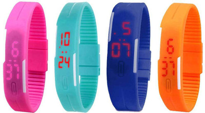 NS18 Silicone Led Magnet Band Combo of 4 Pink, Sky Blue, Blue And Orange Watch - For Boys & Girls