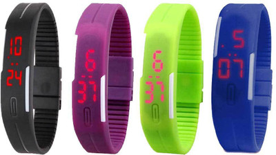 NS18 Silicone Led Magnet Band Combo of 4 Black, Purple, Green And Blue Watch - For Boys & Girls