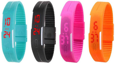 Kissu Led Magnet Band Combo of 4 Sky Blue, Black, Pink And Orange Watch - For Men & Women