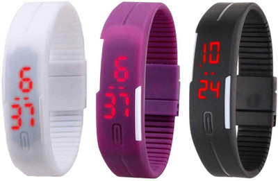 Kissu Led Band Watch Combo of 3 White, Purple And Black Watch - For Couple