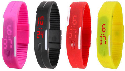 Kissu Led Magnet Band Combo of 4 Pink, Black, Red And Yellow Watch - For Men & Women