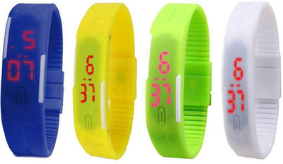 NS18 Silicone Led Magnet Band Combo of 4 Blue, Yellow, Green And White Watch - For Boys & Girls