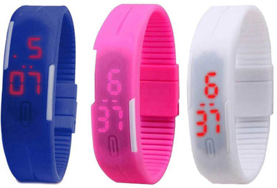 NS18 Silicone Led Magnet Band Combo of 3 Blue, Pink And White Watch - For Boys & Girls