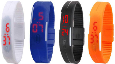 Kissu Led Magnet Band Combo of 4 White, Blue, Black And Orange Watch - For Men & Women