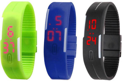 Kissu Led Band Watch Combo of 3 Green, Blue And Black Watch - For Couple