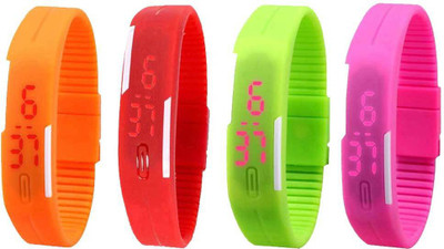 NS18 Silicone Led Magnet Band Combo of 4 Orange, Red, Green And Pink Watch - For Boys & Girls