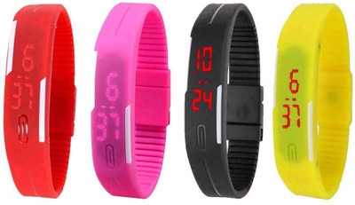 Kissu Led Magnet Band Combo of 4 Red, Pink, Black And Yellow Watch - For Men & Women