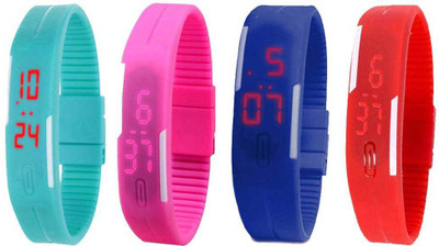 NS18 Silicone Led Magnet Band Watch Combo of 4 Sky Blue, Pink, Blue And Red Watch - For Couple