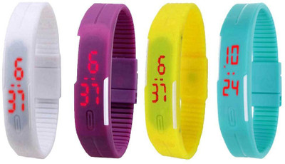 Kissu Led Magnet Band Combo of 4 White, Purple, Yellow And Sky Blue Watch - For Men & Women