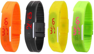 NS18 Silicone Led Magnet Band Combo of 4 Orange, Black, Yellow And Green Watch - For Boys & Girls