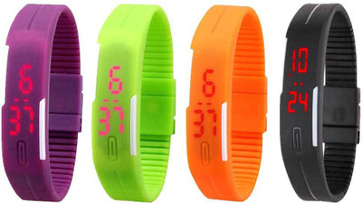 NS18 Silicone Led Magnet Band Combo of 4 Purple, Green, Orange And Black Watch - For Boys & Girls
