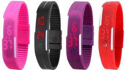 Kissu Led Magnet Band Combo of 4 Pink, Black, Purple And Red Watch - For Men & Women