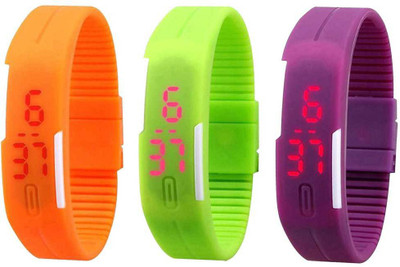 NS18 Silicone Led Magnet Band Combo of 3 Orange, Green And Purple Watch - For Boys & Girls