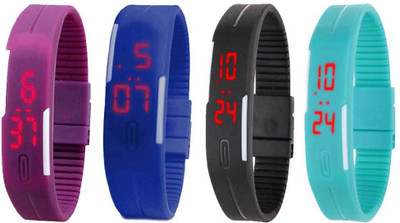 NS18 Silicone Led Magnet Band Watch Combo of 4 Purple, Blue, Black And Sky Blue Watch - For Couple