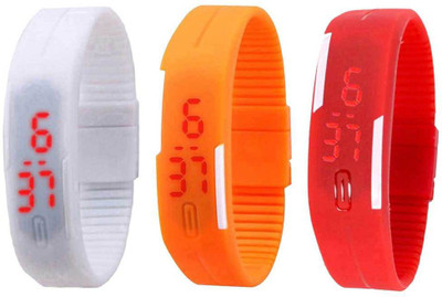 NS18 Silicone Led Magnet Band Combo of 3 White, Orange And Red Watch - For Boys & Girls