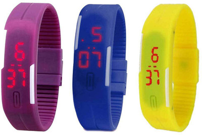 Kissu Led Magnet Band Combo of 3 Purple, Blue And Yellow Watch - For Men & Women