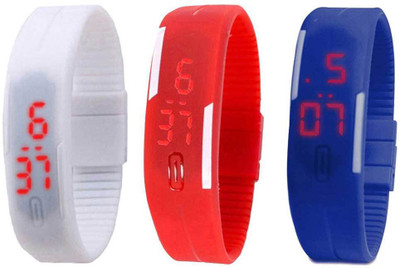 RSN Silicone Led Magnet Band Combo of 3 White, Red And Blue Watch - For Men & Women