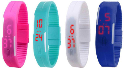 NS18 Silicone Led Magnet Band Combo of 4 Pink, Sky Blue, White And Blue Watch - For Boys & Girls