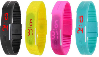 NS18 Silicone Led Magnet Band Watch Combo of 4 Black, Yellow, Pink And Sky Blue Watch - For Couple
