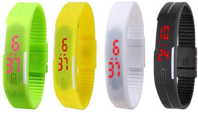 Kissu Led Magnet Band Combo of 4 Green, Yellow, White And Black Watch - For Men & Women