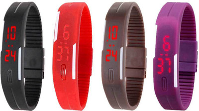 Kissu Led Magnet Band Combo of 4 Black, Red, Brown And Purple Watch - For Men & Women