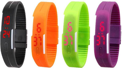 Kissu Led Magnet Band Combo of 4 Black, Orange, Green And Purple Watch - For Men & Women